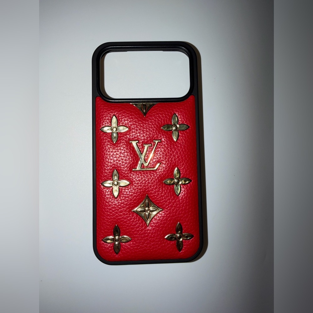 Red Leather Phone Case with Gold Monogram Accents
